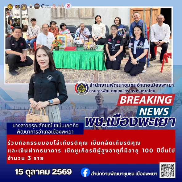 ช.เมืองพะเยา ร่วมกิจกรรมมอบโล่เกียรติคุณ เข็มกลัดเกียรติคุณ และเงินฝากธนาคาร เชิดชูเกียรติผู้สูงอายุที่มีอายุ 100 ปีขึ้นไป จำนวน 3 ราย